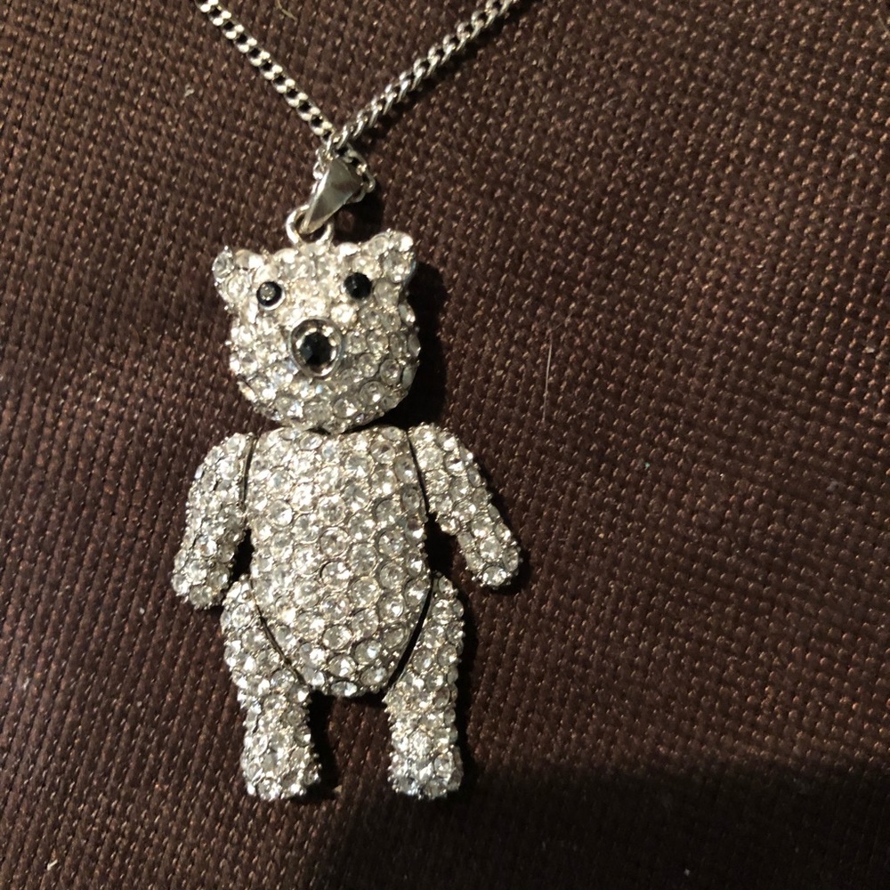 Rhinestone encrusted jointed bear necklace…